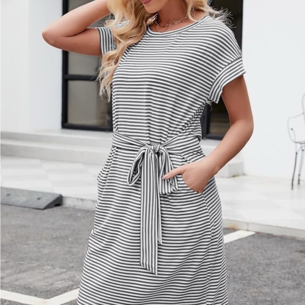 MEROKEETY Women's Striped Short Sleeve Shirt Dress Casual Tie Waist with Pockets - Picture 2 of 5